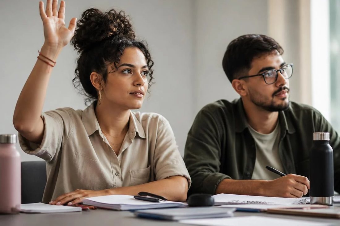 Facilitador em pé apontando para um argumento escrito no quadro durante a sessão
