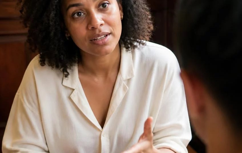 Duas pessoas frente a frente na mesa: uma sustenta a fala, a outra anota o que ouviu